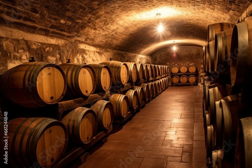 Wine cellar in Italy with barrels for storage. Generative AI