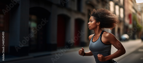 Young African American woman jogging and running in the city. Running workout, outdoor nature, health and lifestyle.