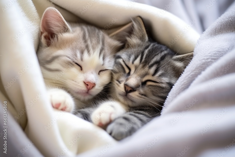 Two striped kittens are lying and sleeping in an embrace Two striped kittens are lying and sleeping in an embrace