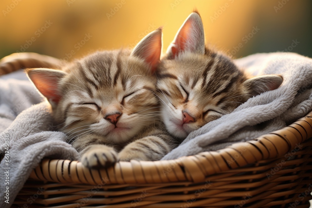 Two striped kittens are lying and sleeping in an embrace in a basket - obrazy, fototapety, plakaty 