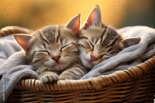 Two striped kittens are lying and sleeping in an embrace in a basket photo