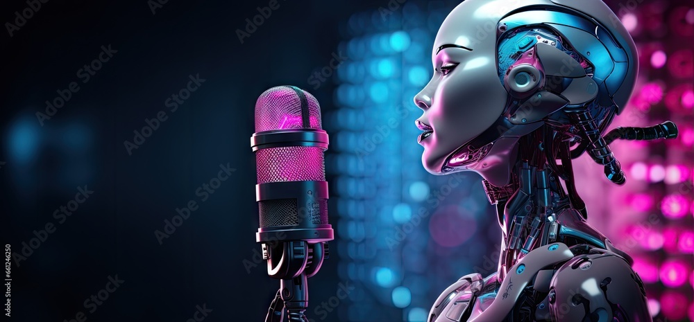 Singer or announcer robot with microphone on sci-fi cyberpunk background. - obrazy, fototapety, plakaty 