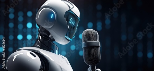 Singer or announcer robot with microphone on sci-fi cyberpunk background. photo