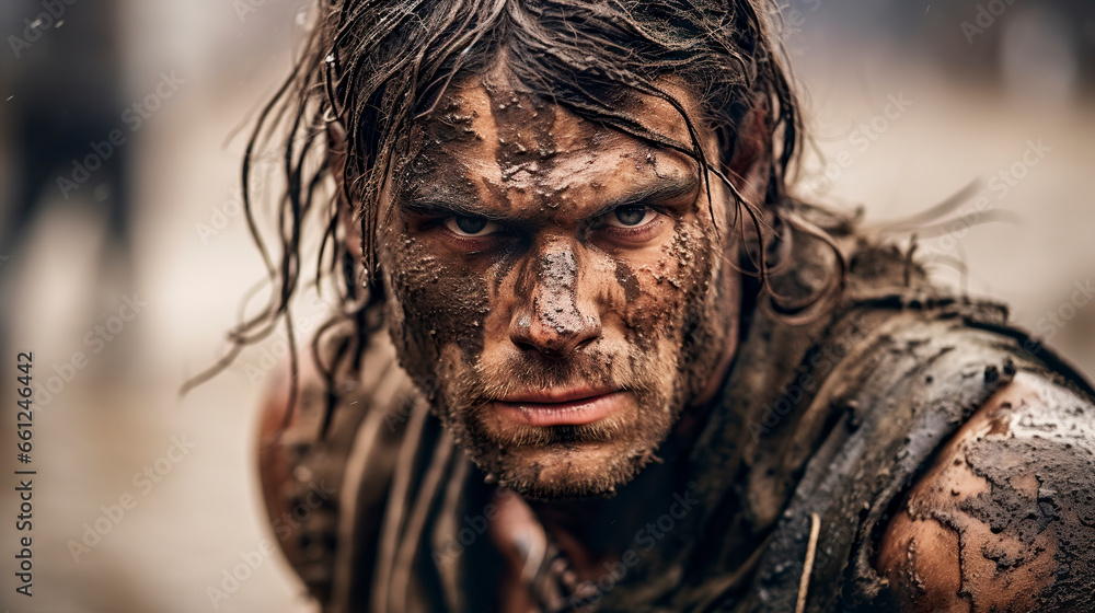 A portrait of a young Germanic tribesman in battle. Young angry man with wild eyes in battle amid wet terrain mud.