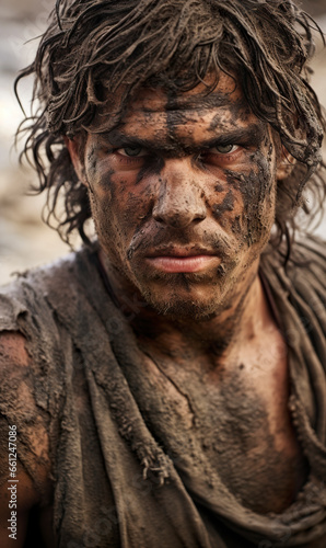 A portrait of a young Israeli tribesman in battle. Young angry man with wild eyes in battle amid wet terrain mud. Battle for territory.