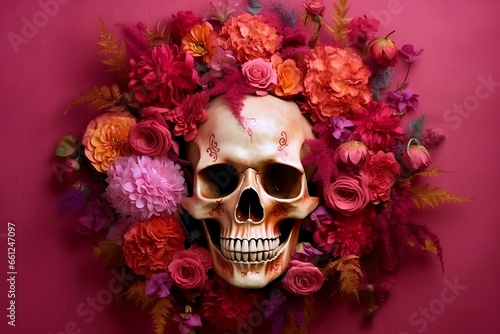 Floral skull adorned with vibrant pink flower decorations. Mexican traditional folk skeleton festival, Day of the dead concept. generative AI