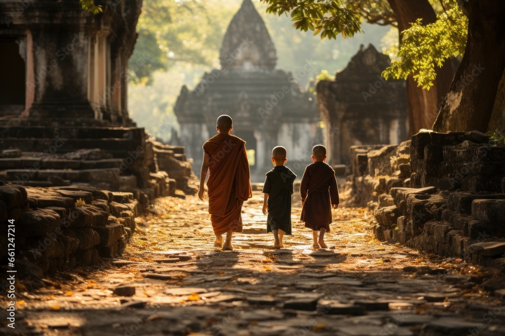 Monk walking in the old temple - obrazy, fototapety, plakaty 