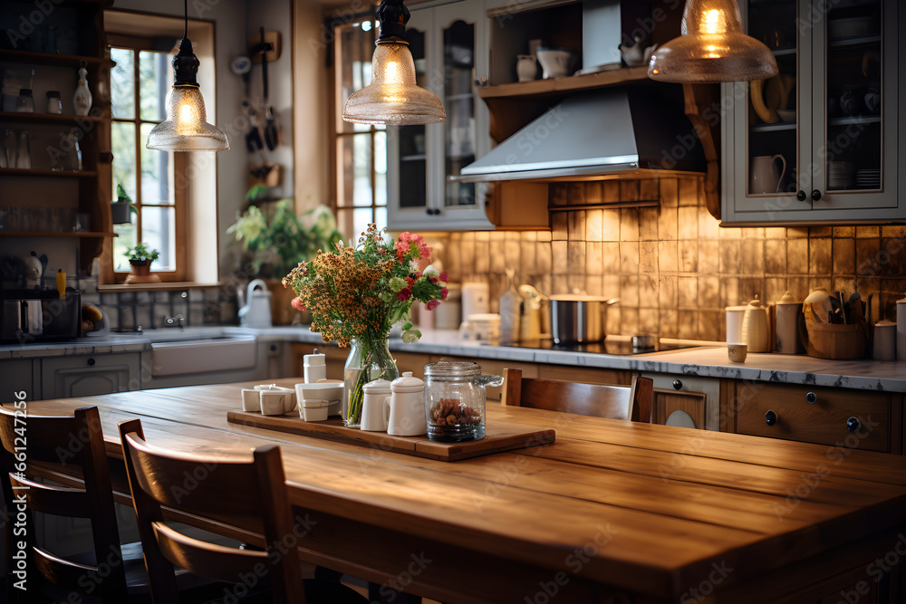 A kitchen with warm copper accents, wooden cabinets, and vintage-inspired decor. Soft pendant lighting creates a homely and inviting atmosphere.