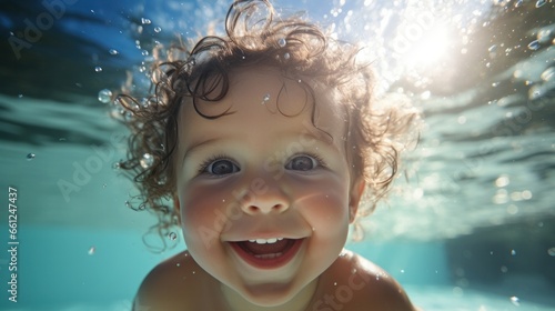 Cute smiling baby having fun swimming and diving in the pool at the resort on summer vacation. Sun shines under water and sparkling water reflection. Activities and sports to happy kid