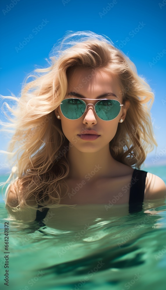 An image capturing the beauty of a sun-kissed blonde woman in the water, enjoying a hot and sunny day with a sense of serenity.