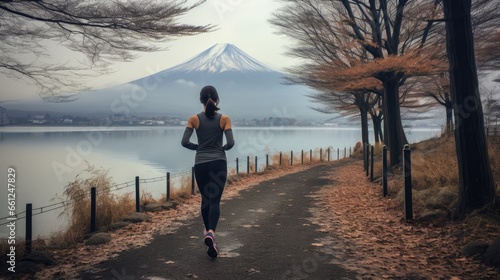 An athlete is running for exercise in the morning sunrise at mount Fuji area, Japan. 