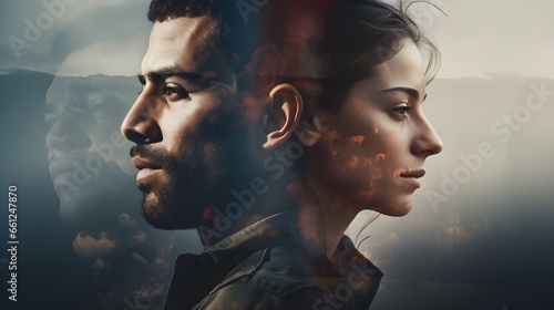 An abstract image portraying the enduring conflict between Israel and Palestine, with a central theme of an impassioned love affair between a couple from opposite sides of the war.
