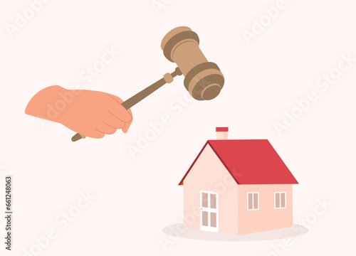 Concept Of Property Auction. A Person’s Hand Holding A Gavel. Close-Up.