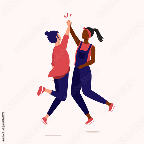 Two Young Women Of Mixed Race Jumping Up In Two Young Women Of Mixed Race Jumping Up In High Five Gesture With Slapping Each Other’s Palms With Their Arms Raised. Full Length. Flat Design.