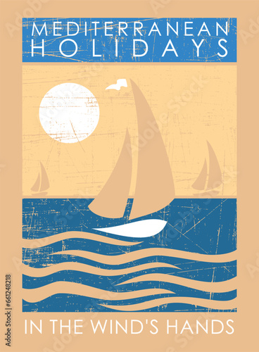Vector illustration in graphic style of seaside landscape with sea and stylized sailboats. Art for psoters, prints on t-shirts and etc.