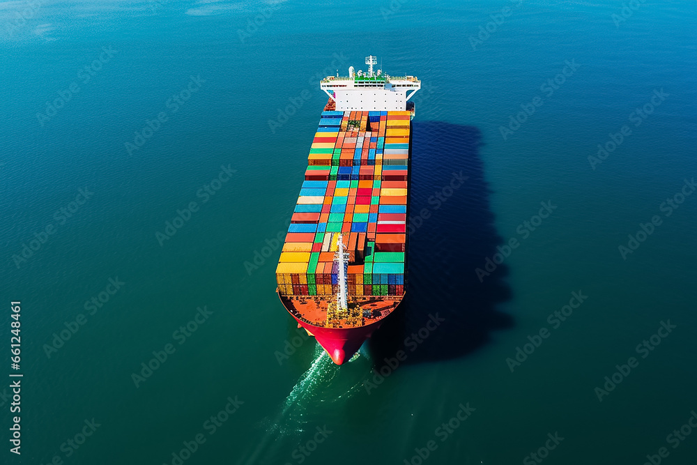 Containers transport ships with various colorful containers sailing through the sea on a day time. Generative AI.