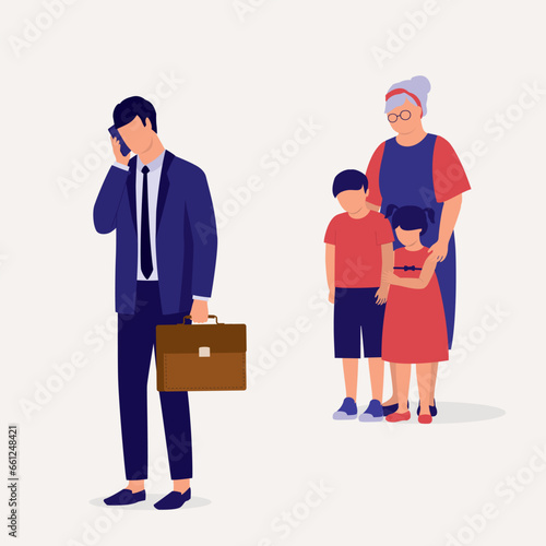 Busy Working Father With Handphone Neglected His Children And Leaving Them To Their Grandmother To Take Care. Full Length. Flat Design.