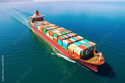 Containers transport ships with various colorful containers sailing through the sea on a day time. Generative AI.