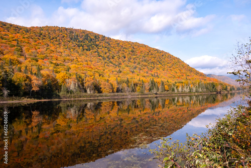 Colorful Fall Foliage Reflected in The Jacques-Cartier River in Quebec Canada