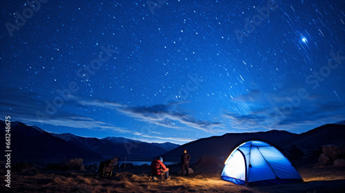 きれいな星空の下のキャンプ 明かりのついた青いテント