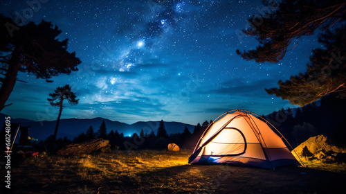 きれいな星空の下のキャンプ 明かりのついたオレンジのテント
