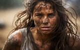 A portrait of a young Israeli tribeswoman in battle. Young angry woman with wild eyes in battle amid wet terrain mud. Battle for territory.