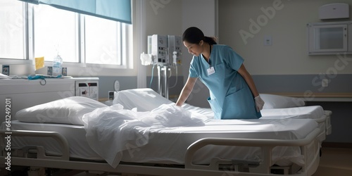 The nurse is making the mattress in the hospital room. Nurse on duty. Nurse making the bed at a hospital. 