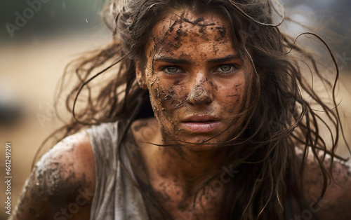 A portrait of a young Israeli tribeswoman in battle. Young angry woman with wild eyes in battle amid wet terrain mud. Battle for territory.