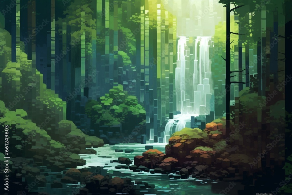 A pixelated forest waterfall. Generative AI