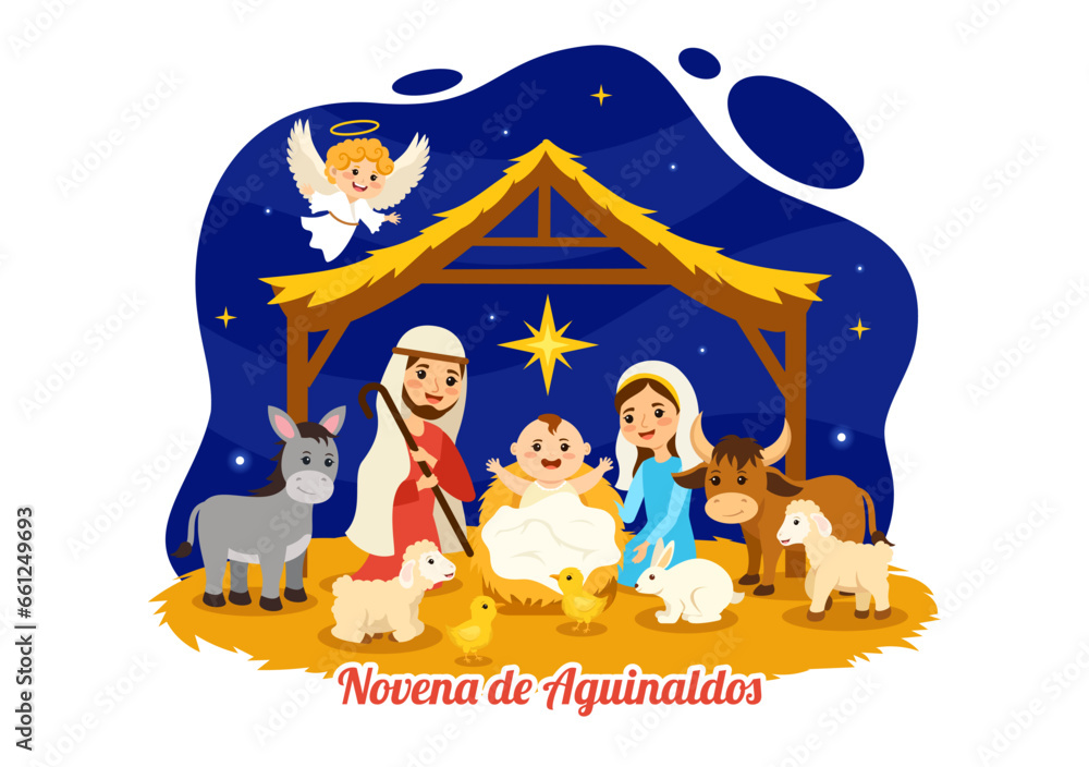 Naklejka premium Novena De Aguinaldos Vector Illustration with Holiday Tradition for Families to Get Together at Christmas in Flat Cartoon Background Design
