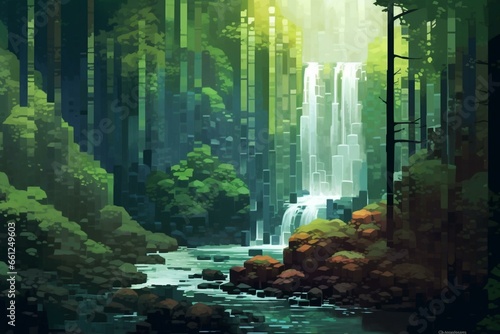 A pixelated forest waterfall. Generative AI