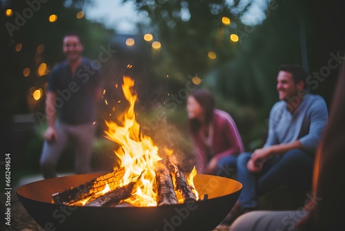 On a cool autumn evening, friends gather in front of the small firepit at the campsite and enjoy it. generative AI photo
