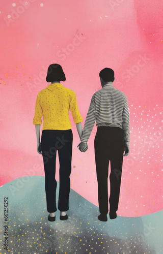 Normcore romantic couple holding hands and embracing in a romantic trendy retro style art print © dreamalittledream
