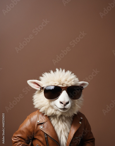 portrait of a sheep in a leather jacket on a brown background