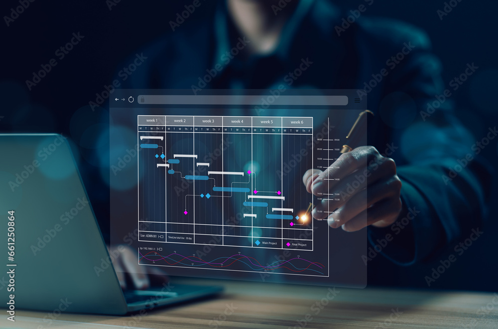 businessman schedule plan management shows a timeline Gantt chart in technology online. concept project planner in software, work update, and workflow, manage milestones, appointment staff of business - obrazy, fototapety, plakaty 