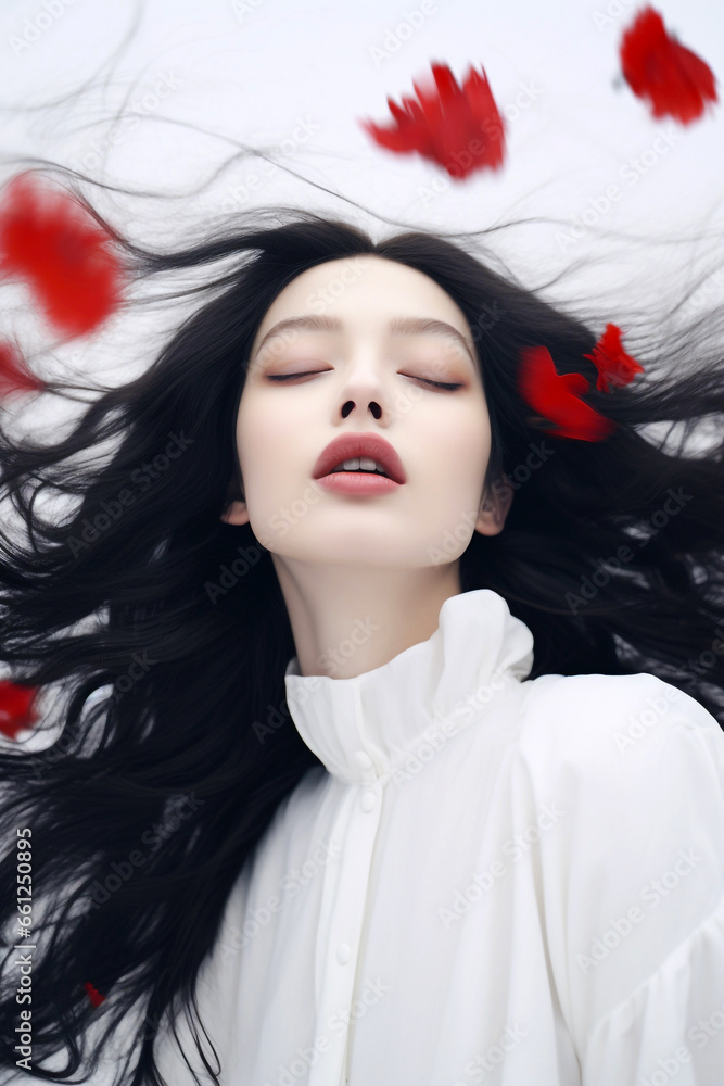 Fototapeta premium Elegant young woman with beautiful red flowers