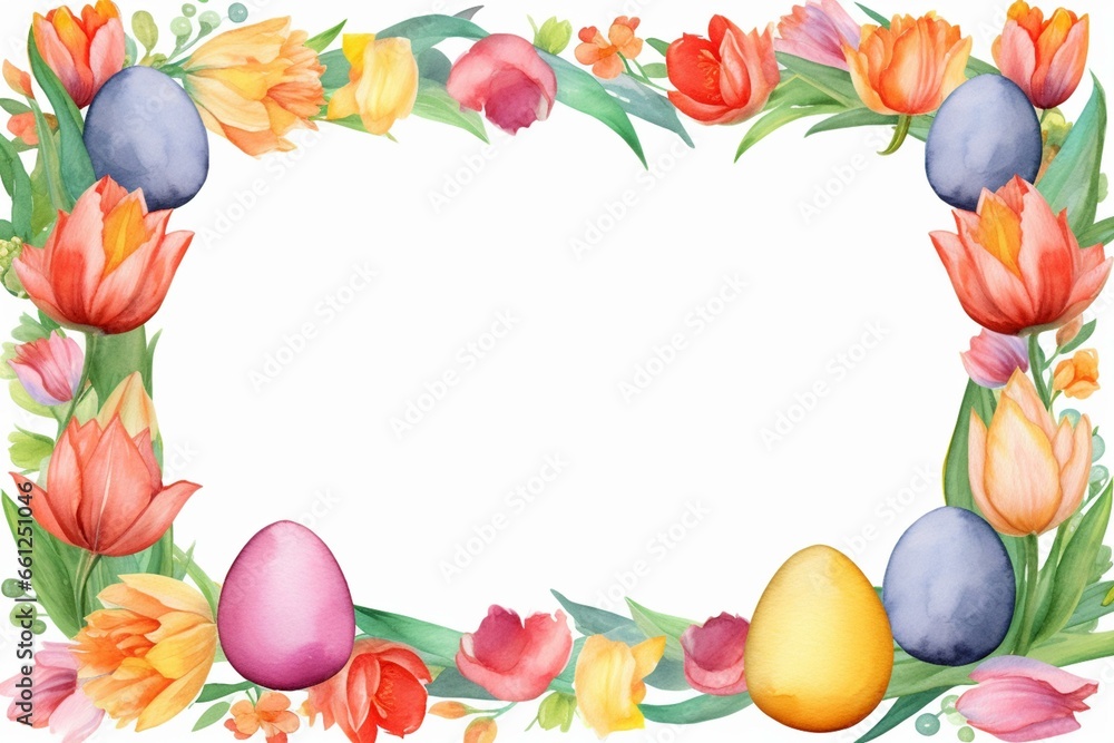 A4 size frame with colorful watercolor Easter eggs adorned with tulips and other spring flowers. Generative AI
