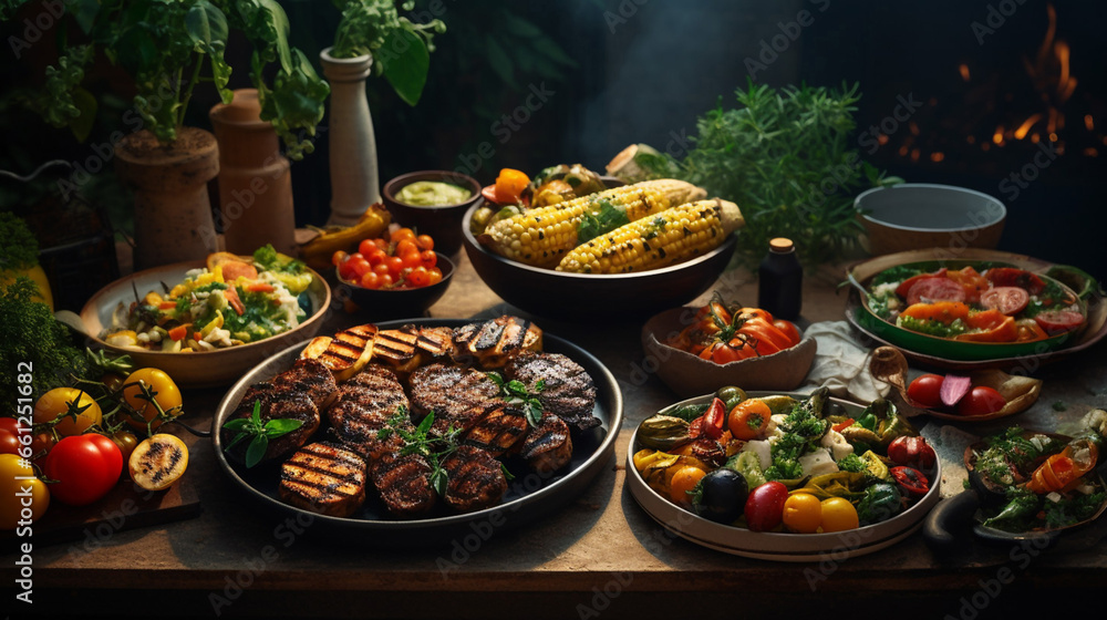 beautiful Vegetarian Barbecue Grill and Various Dishes