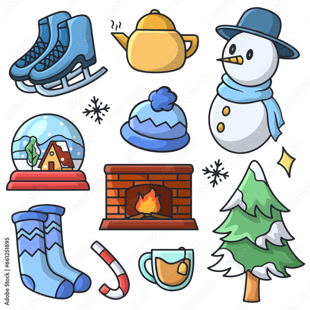 Fototapeta premium Playful Winter Doodle Icon Vector Illustration Set