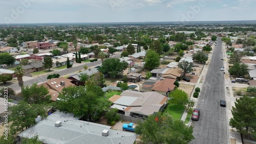 Southwest neighborhood in USA. Aerial establishing shot of houses and homes in desert environment and climate.