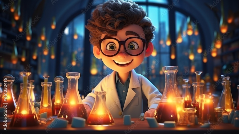Children style 3d cartoon image of a big head and little body research scientist in a lab mixing chemicals