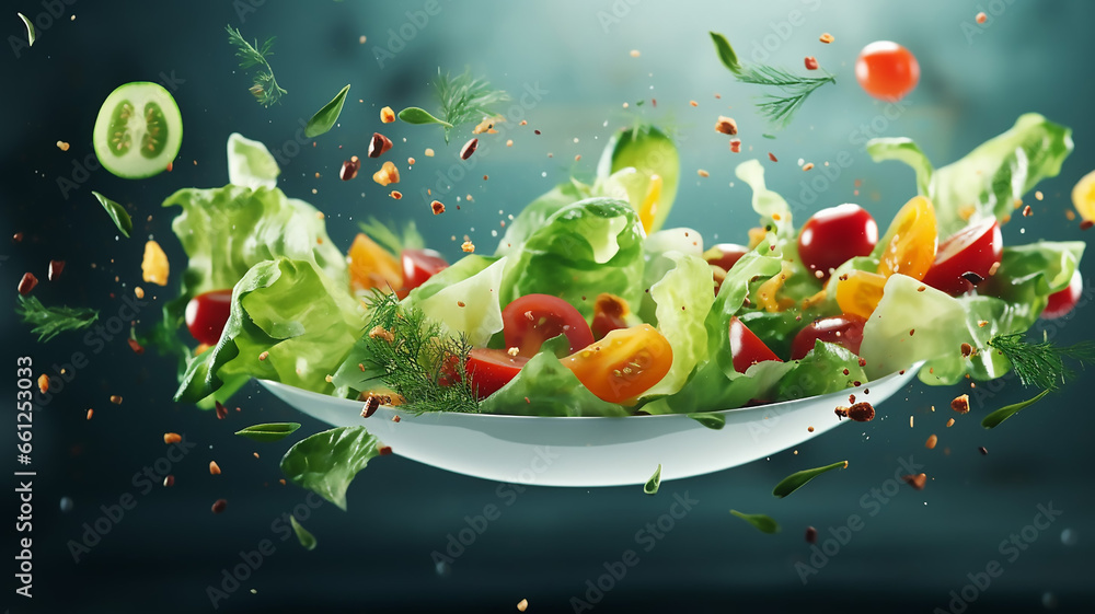 Amazing Fresh salad with flying vegetables ingredients healthy b Amazing Fresh salad with flying vegetables ingredients healthy b