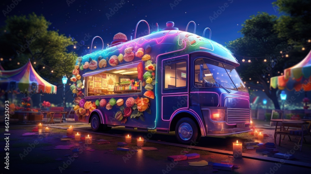 Obraz premium A street food truck at night vector illustration. City park with burgers, pizza, and donut truck vendor cartoon background.
