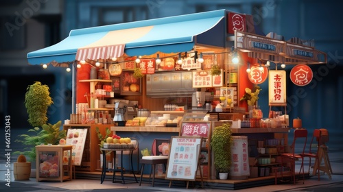 3D rendering of Street food market stall. Vector shop booth stand. Festival marketplace tent vendor with a traditional