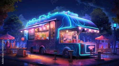 A street food truck at night vector illustration. City park with burgers, pizza, and donut truck vendor cartoon background.