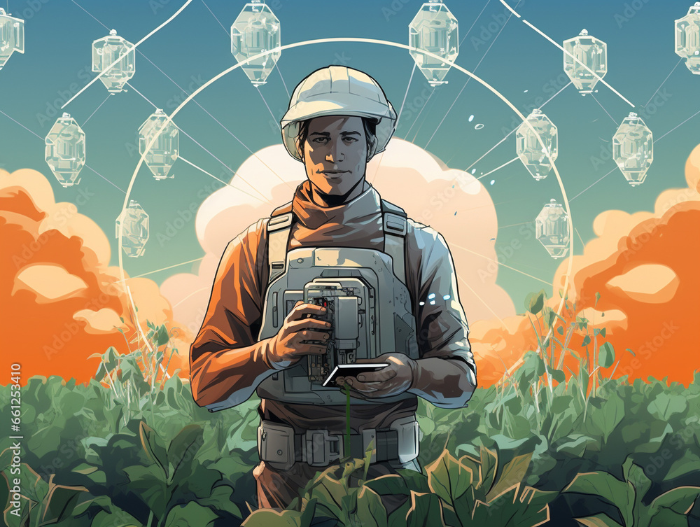 An Illustration of a Farmer with 3D Printed Crop Protection Devices