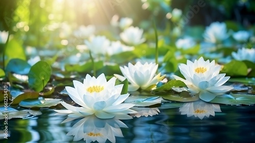 Beautiful white lotus flower in the lake and lotus flower plants 