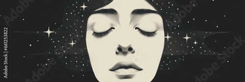 A woman's face, imagines the stars — close up of eyes — risograph style print