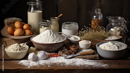 Ingredients for baking and kitchen utensils