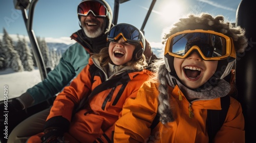 Happy family on the cable car climbing up the ski slopes. Skiing © sirisakboakaew